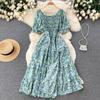 Women's Chic Sweet Slim Square Neck Bubble Sleeve Floral Dress Super Fairy Temperament A-line Dress