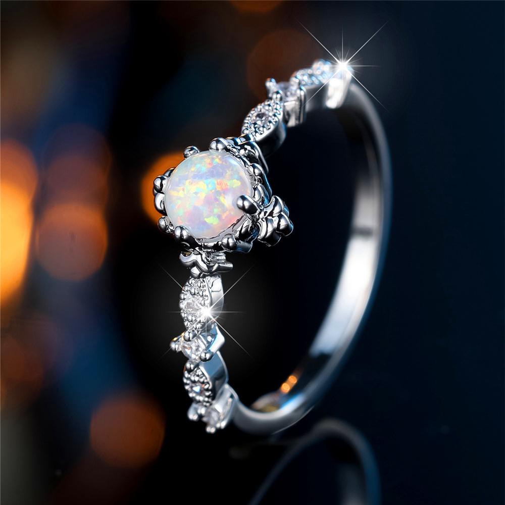 Charm Female Opal Stone Round Ring Silver Color Cute Gift Wedding Jewelry For Women