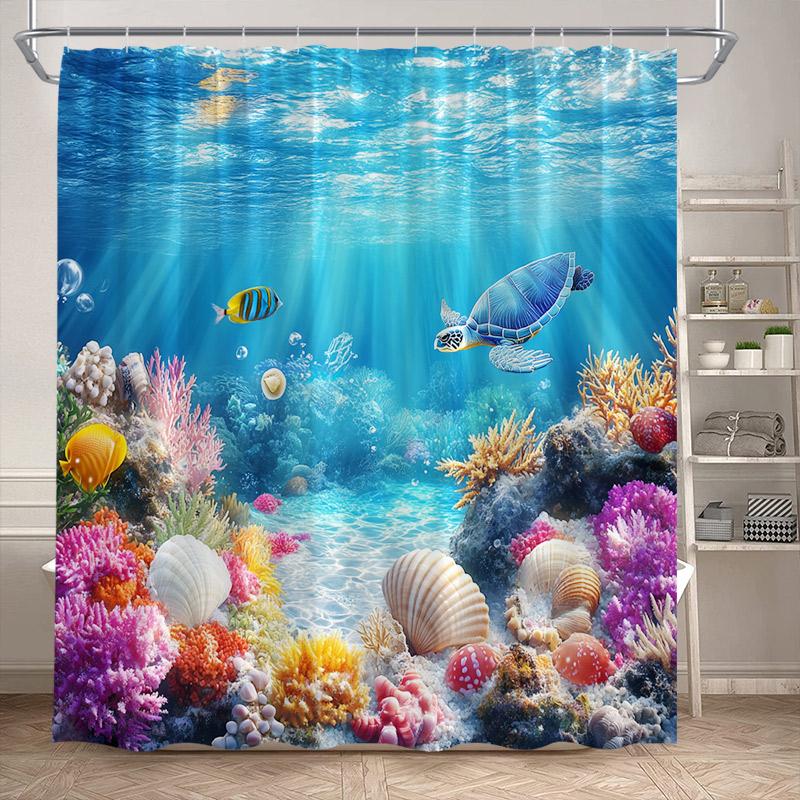 Ocean Animals Sea Turtle Shower Curtains Tropical Fish Coral Underwater Nature Scenery Child Bath Curtain Home Bathroom Decor