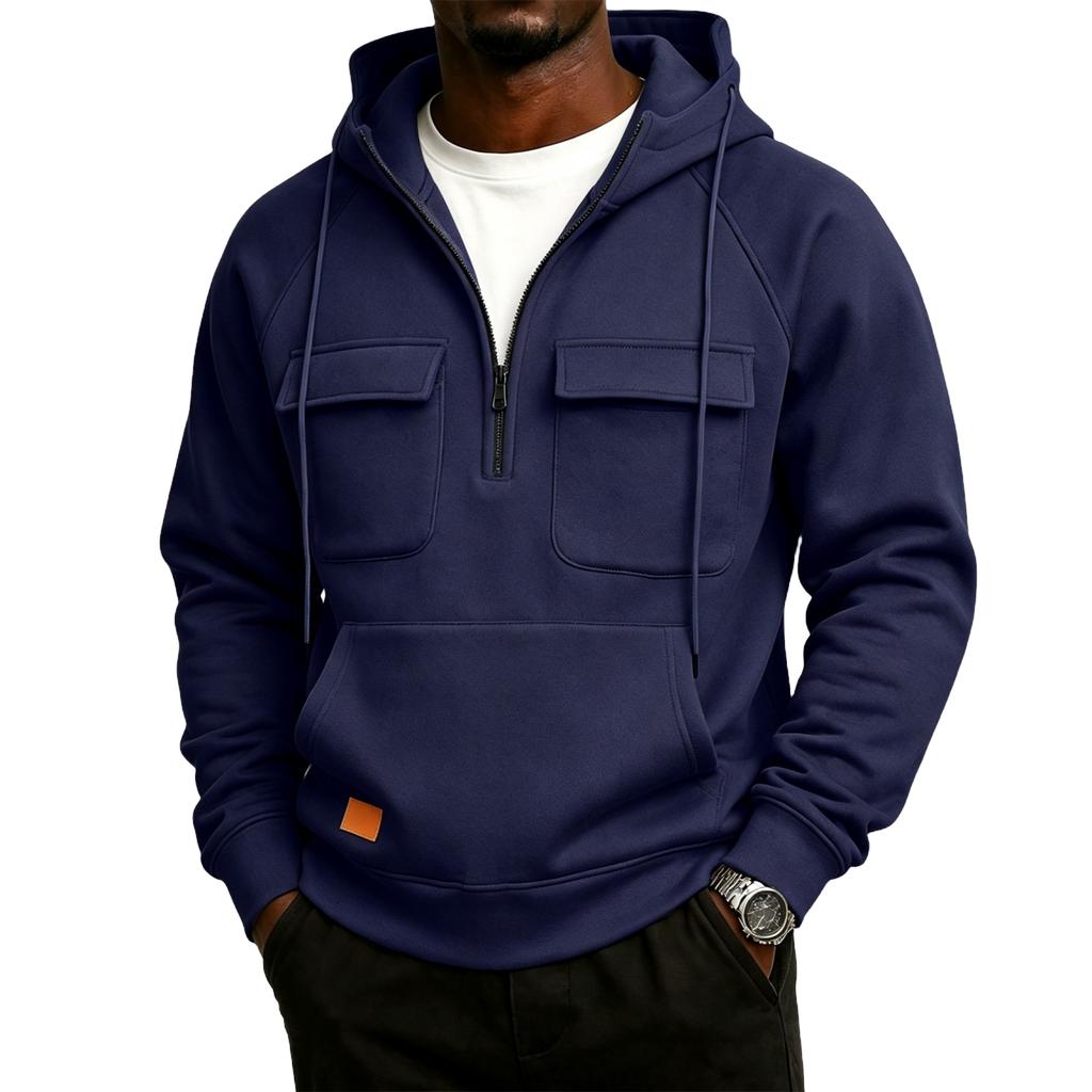 Men's Casual Hooded Zip-Up Sweatshirt with Loose Fit, Stand Collar and Multiple Pockets for Fall Winter