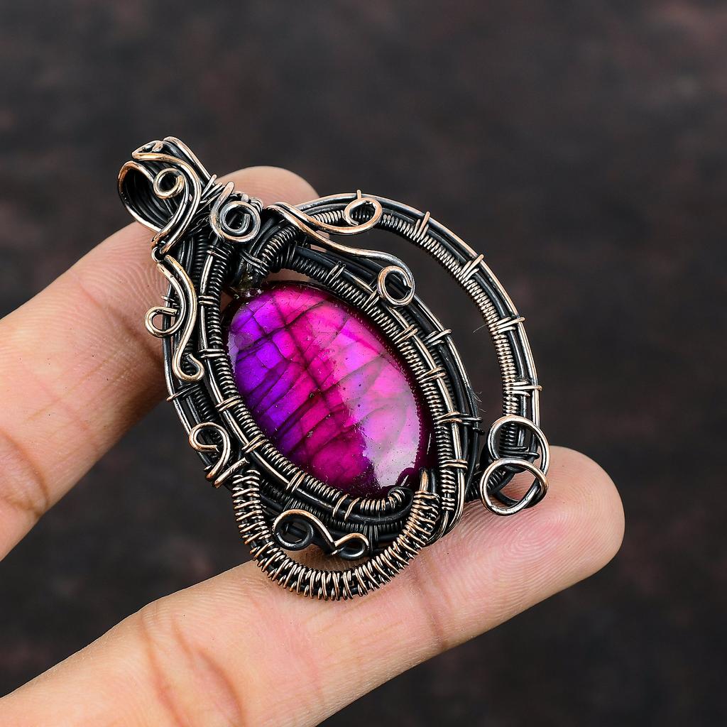 Purple Fire Labradorite Pendant Copper Wire Wrapped Jewelry Gemstone Pendant Copper Pendants Handmade Jewelry Wire Wrapped Pendant For Gift