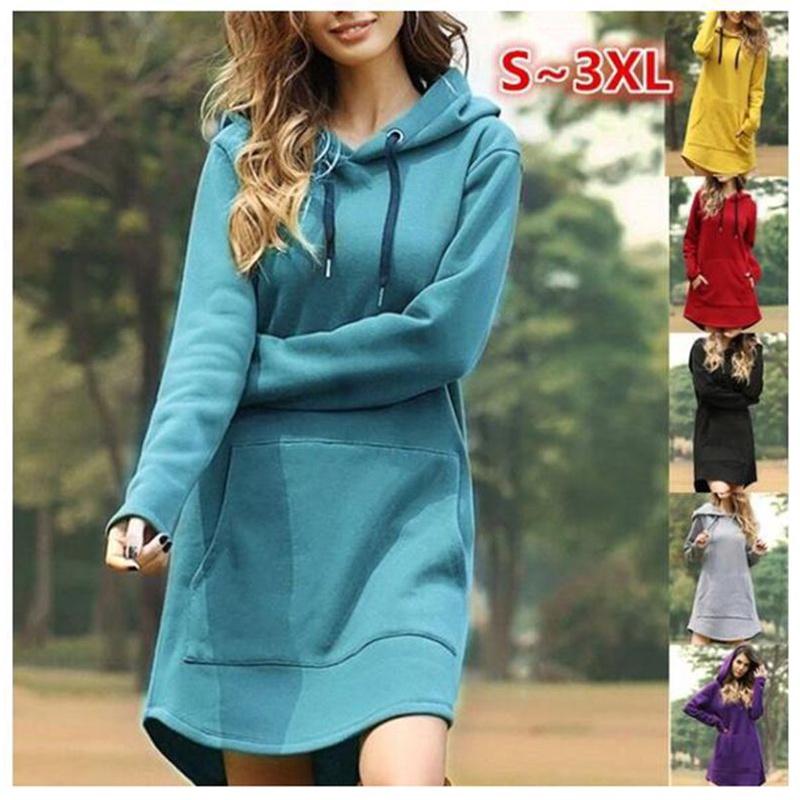 Fashionable Ladies Plain Casual Hoodie Dress With Soft Material And Long Sleeves