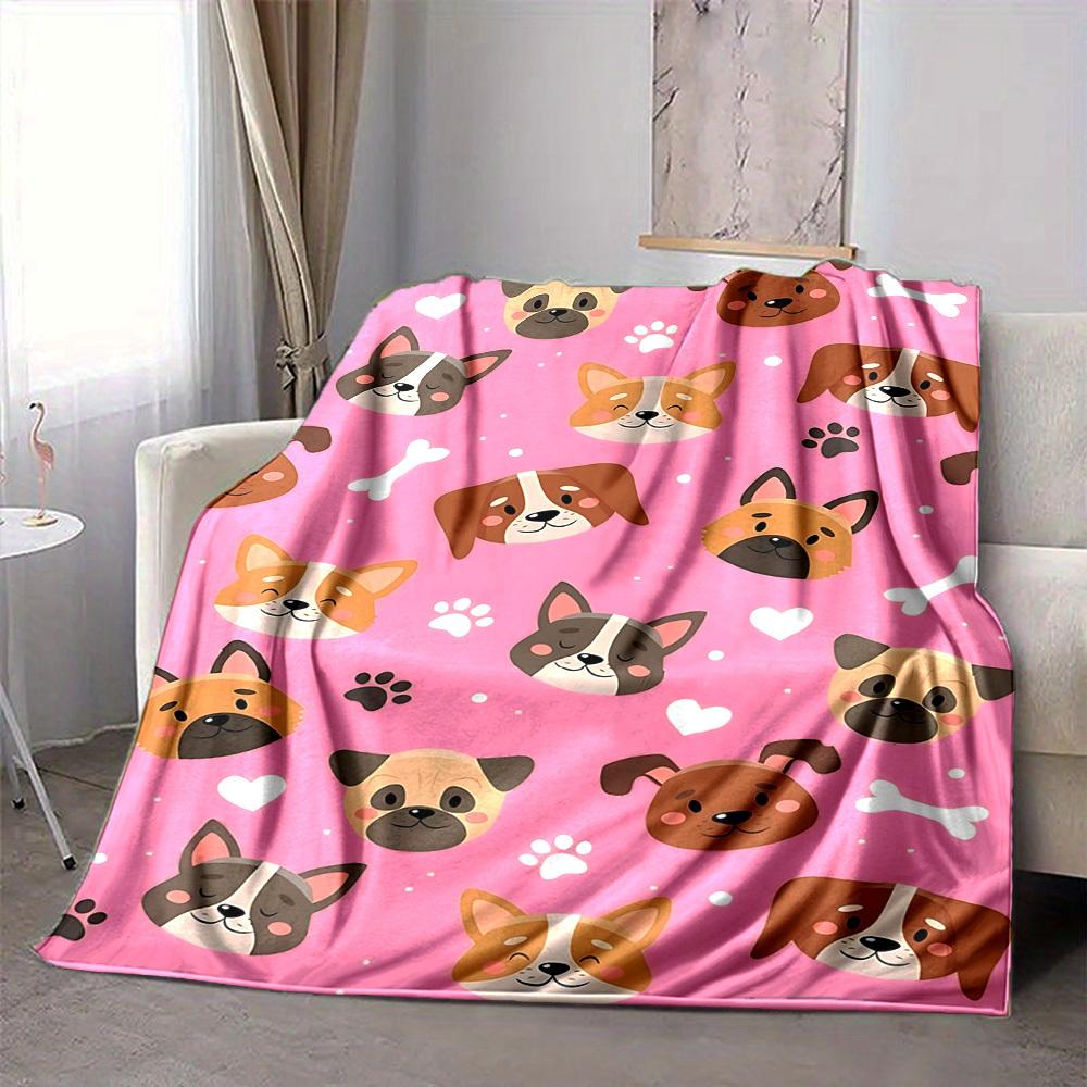 1pc Dogs Pink Lightweight Flannel Blanket, Comfortable and Warm Blanket, for Office and Camping Sofa Bed105