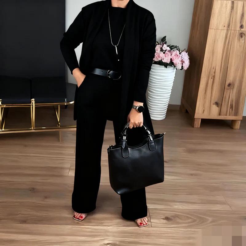 2025 Women's Solid Color Round Neck Long Sleeve Top and Belted Pants 3-Piece Set