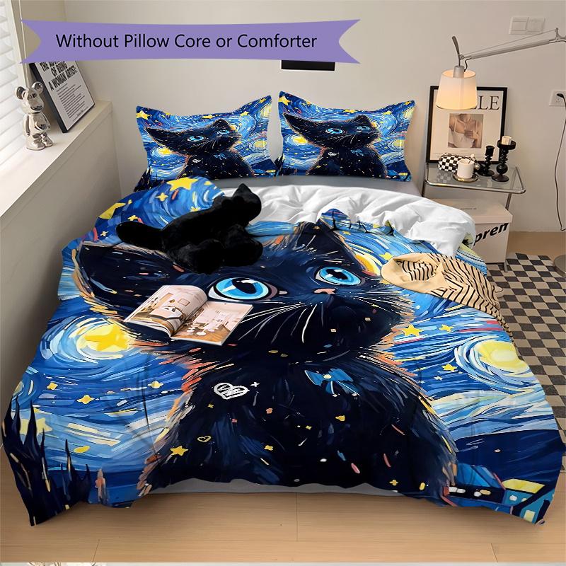 3pcs Starry Night Kitten Printed Quilt Set - Soft and Comfortable Quilt Cover for Bedroom, Guest Room and Dormitory Decorative Bedding Set N090