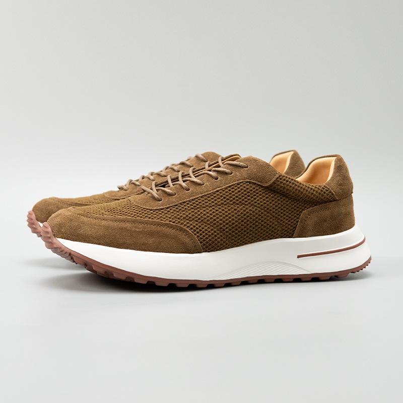 Olive green lightweight breathable mesh splicing cow suede casual shoes trendy shoes cowhide men's sports shoes