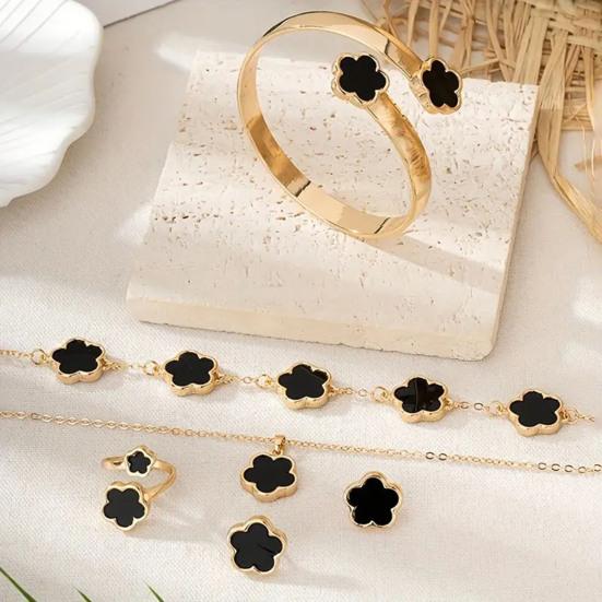 5Pcs/Set Women Jewelry Set Lucky Flower Decor Sparkling Rhinestones Necklace Bracelet Bangle Earrings Ring Set Fashion Jewelry