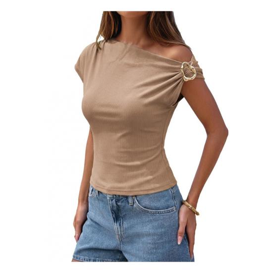 Women Tops Skew Collar Metal Buckle Short Sleeve Pullover Tops Slim Fit Asymmetric Sloping Shoulder Tee Shirt with Golden Metal Ring