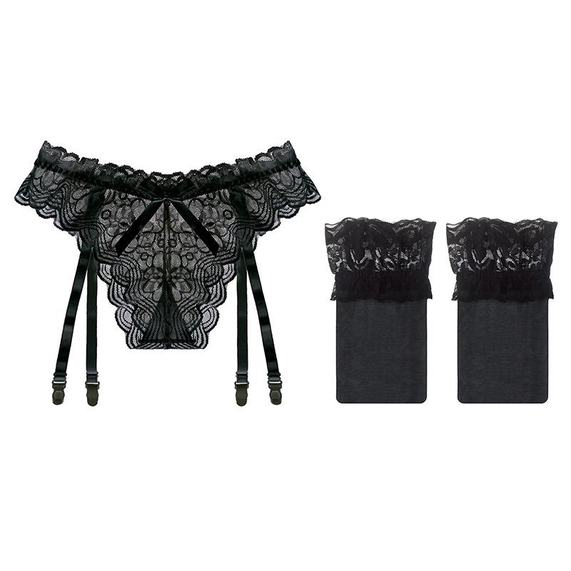 Full Lace Sexy Perspective Garter Stockings Set Ultra-thin Temptation Hot One-piece Garter Panties Women
