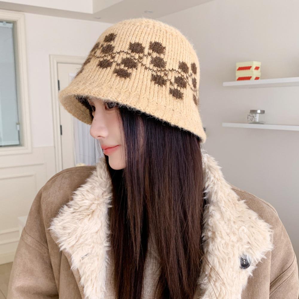 Ethnic Style Floral Knitted Bucket Hat Sweet Warm Fisherman Hat Jacquard Woolen Hat Outdoor
