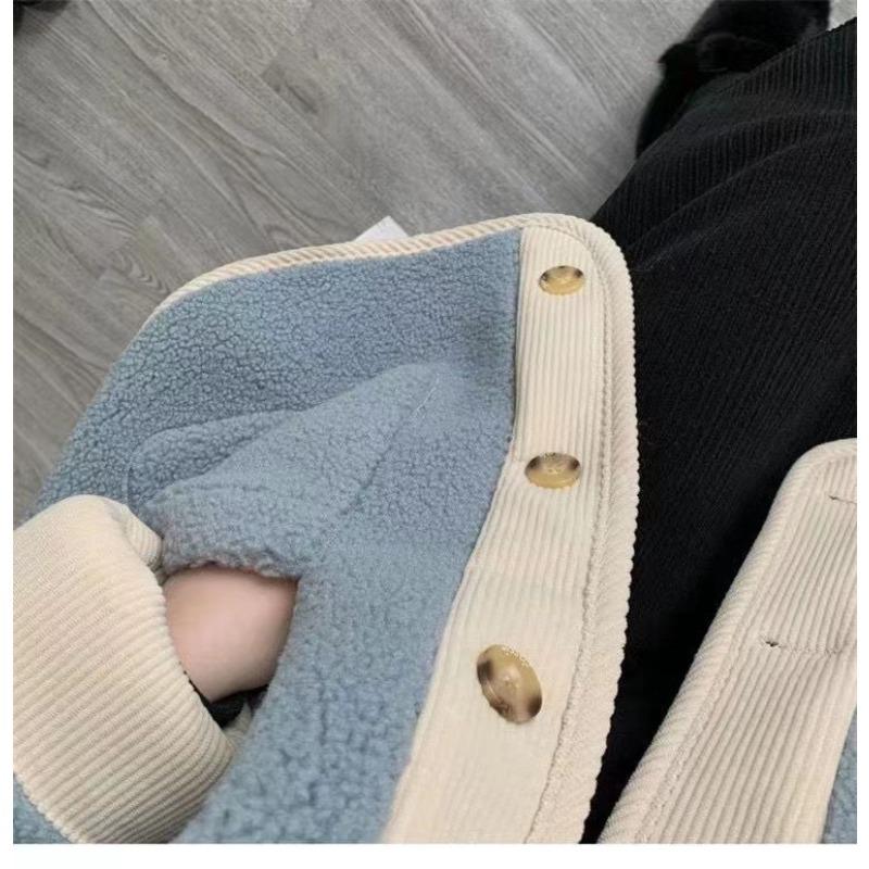 Winter Dicker kontrastierender Retro-Lammpelzmantel für Frauen Lockerer Rundhals Mittellanger Strickjackenmantel Damen