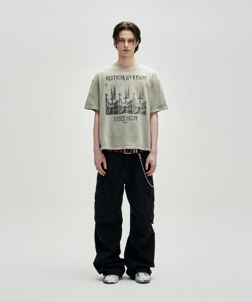 NOT4NERD Triple Sanctuary Bleach Washed Loose Cropped T-Shirts - Beige
