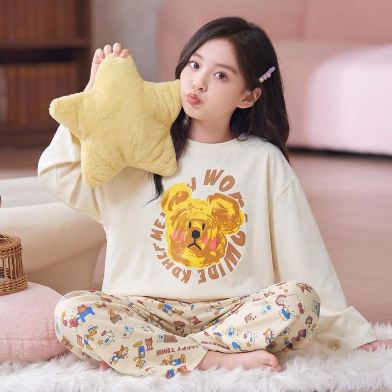 100% Cotton Girls Pajama Set Long Sleeve Round Neck Thin Home Wear Kids 8 Years