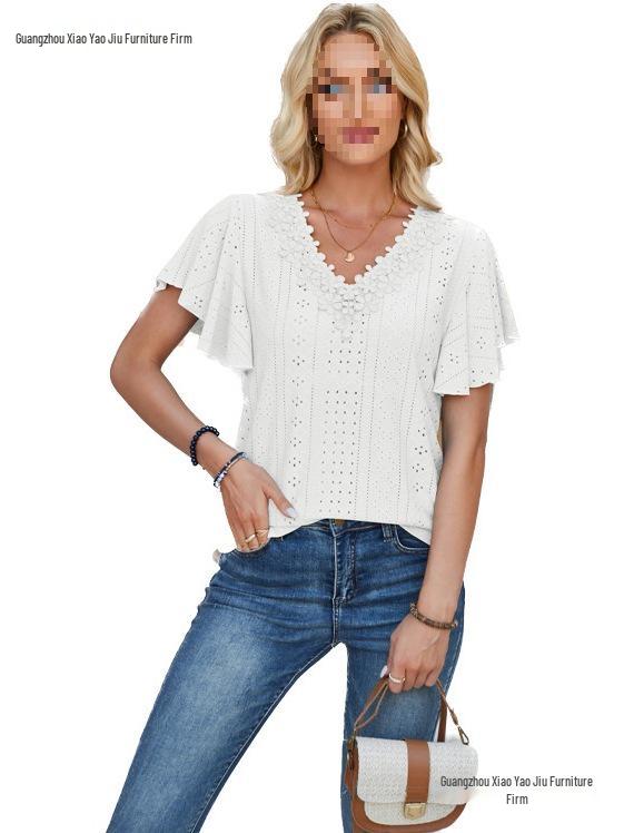Spring/Summer Women's Lace V-Neck Ruffle Sleeve Loose T-Shirt