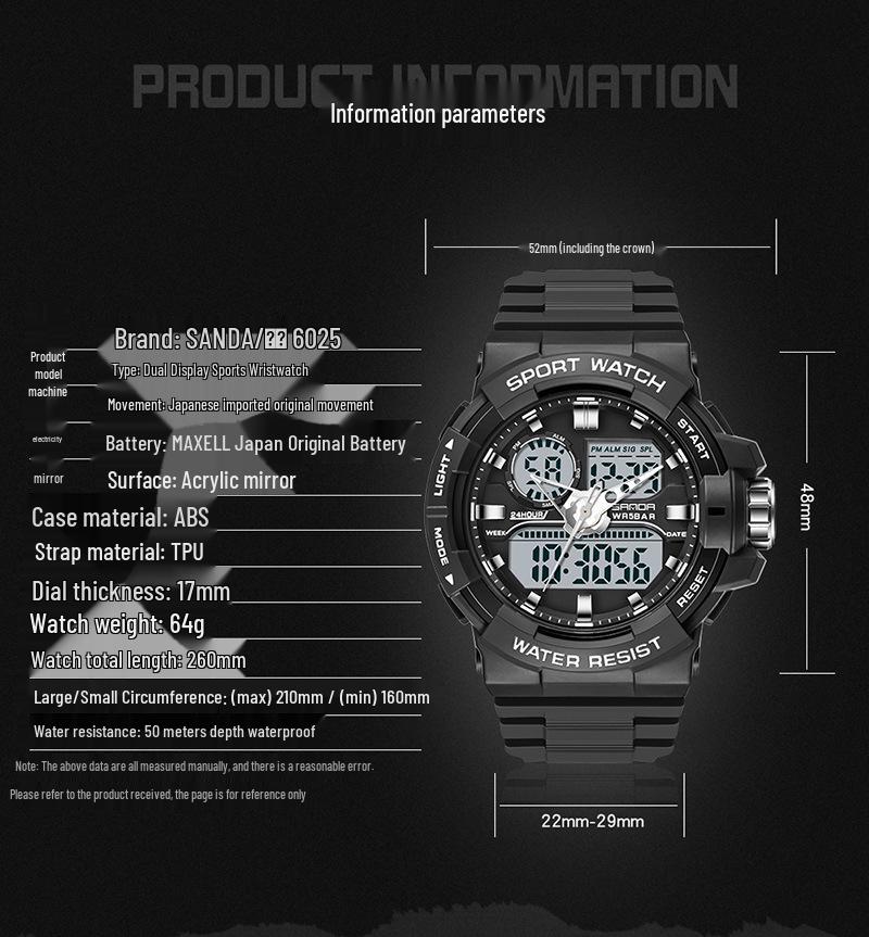 Sanda Trendy Men's Multifunction Waterproof Sports Watch with Large Dial and Dual Movement