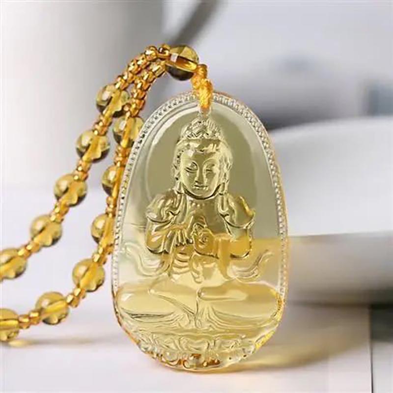 Yellow Crystal Necklace Long Sweater Chain Manjushri Pendant Amitabha Pendant Unisex Gift