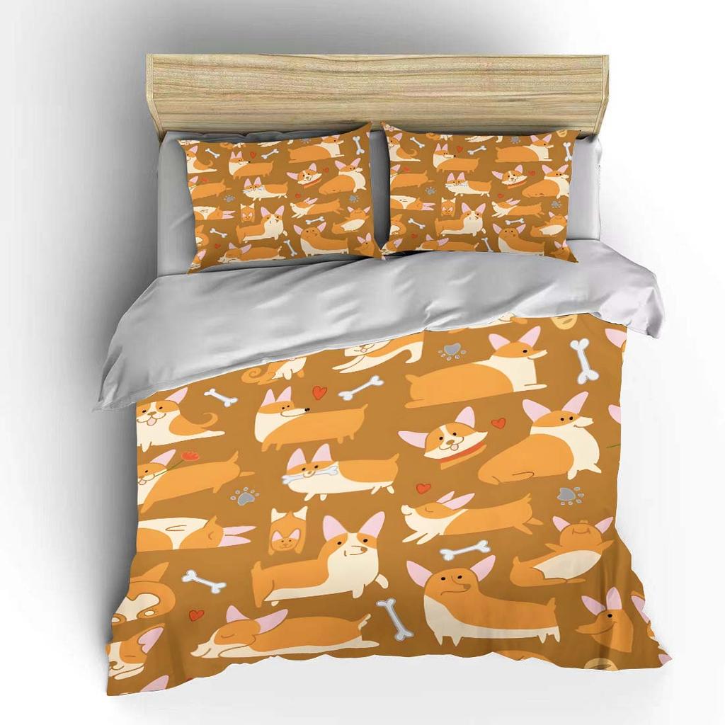 Cartoon corgi dog pattern Bedding Set for Kids Luxury Gift 3pcs Digital Print Comforter Set Soft Comfortable Breathable