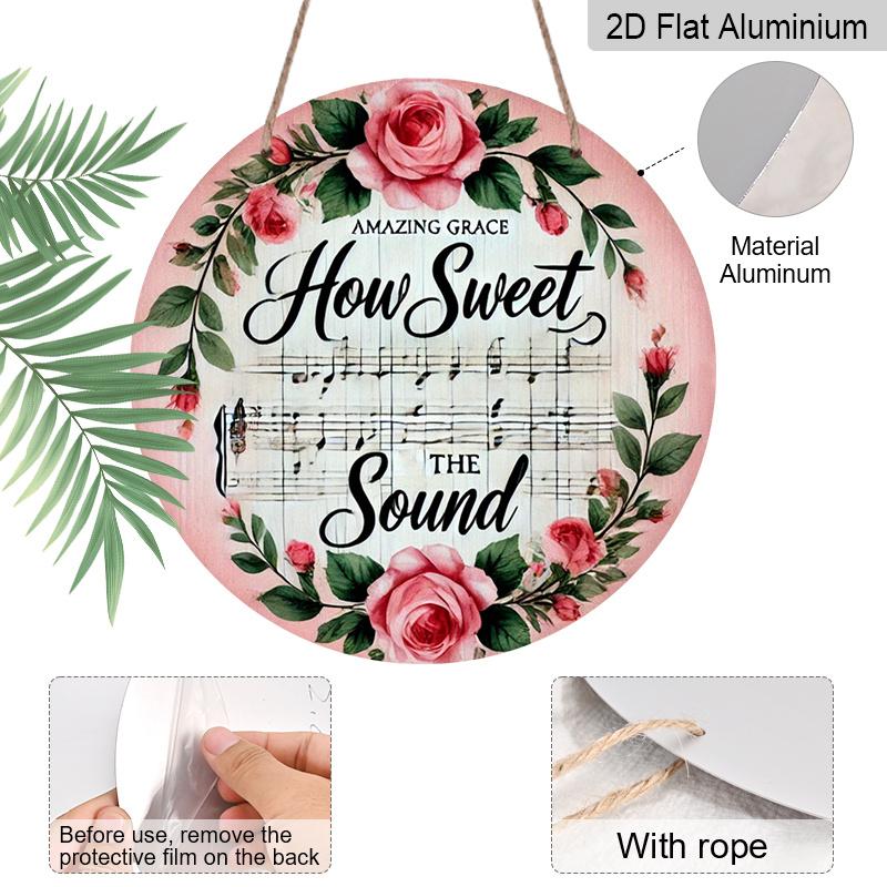 2D Flat, 1pc Vintage Circular Metal Sign, 8x8 in, Pink Floral Wreath & "How Sweet The Sound" Inspirational Quote - Aluminium Wall Decor for Home