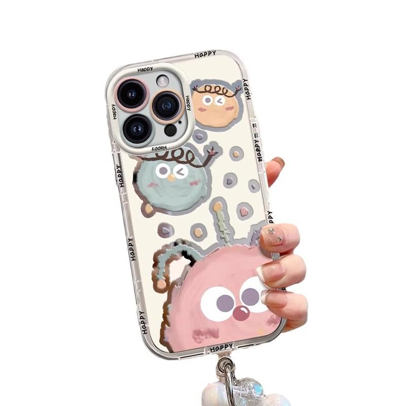 Briquete Fofo Adequado para Capa de Celular Apple 16promax Pintada com Pulseira 15pro Desenho Animado Espelho de Creme 14p