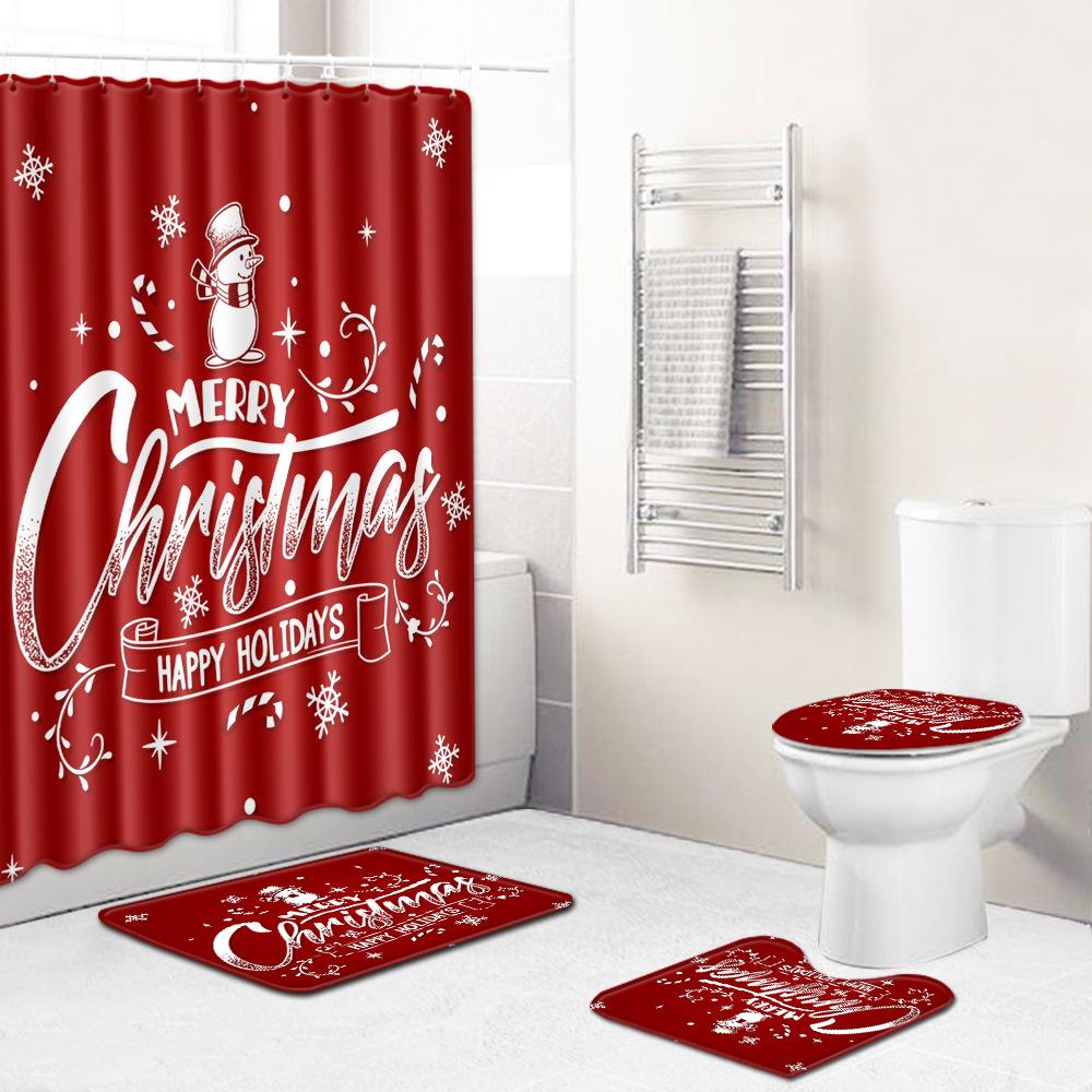 Weihnachts Duschvorhang Polyesterstoff WC-Sitz Vierteiliges Set Eingangstürmatte Schlafzimmer Wohnzimmer Bodenmatte Teppich