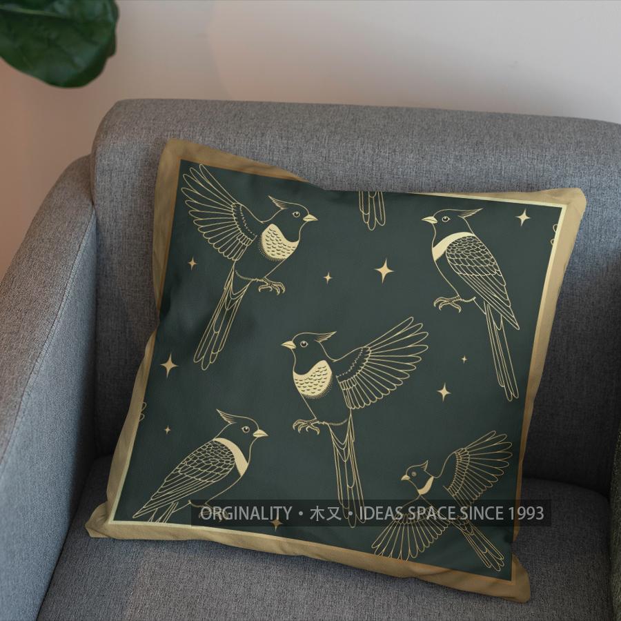 2D Flying Birds With Green And Gold Pattern Pillow Cover Pattern Cushion Cover Suitable For Sofa Bedroom Car Pillow Cover