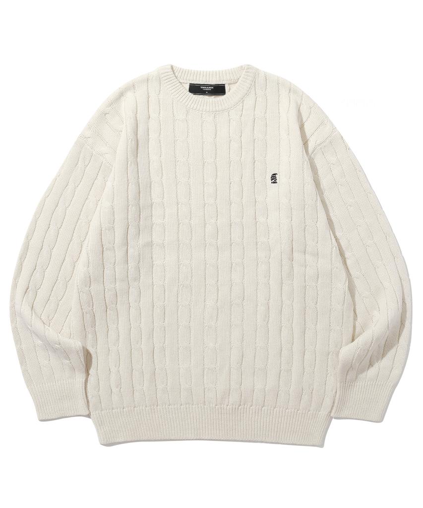 TRILLION Washable Boat Embroidery Cable Crew Neck Knit (Ivory)