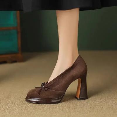 New Roundness High Heels With Suede And Bow Single Shoes With A Slip-On Light Casual Women Shoes Stylish And Comfortable