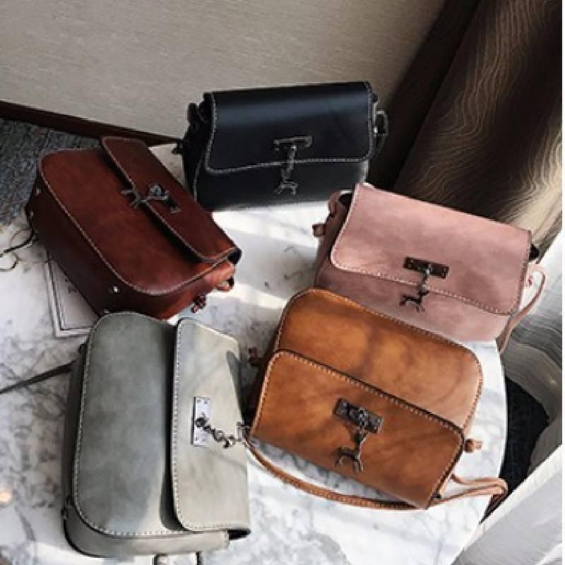 Retro Solid Color Deer Pendant Saddle Bag Crossbody Shoulder Bag Pu Square Bag