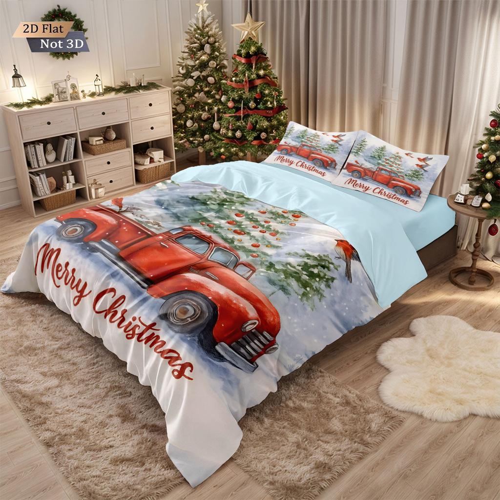 3pcs Merry Christmas Red Car Print Coreless Duvet Cover Set Multiple Sizes Bedrooms Dormitories Bedding Holiday Decorations