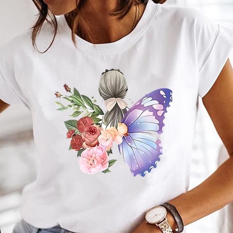 Summer Fashion Short Sleeve Butterfly Love Heart Trend Women Print Tee Top Tshirt Lady Female Clothing Casual Graphic T-shirt