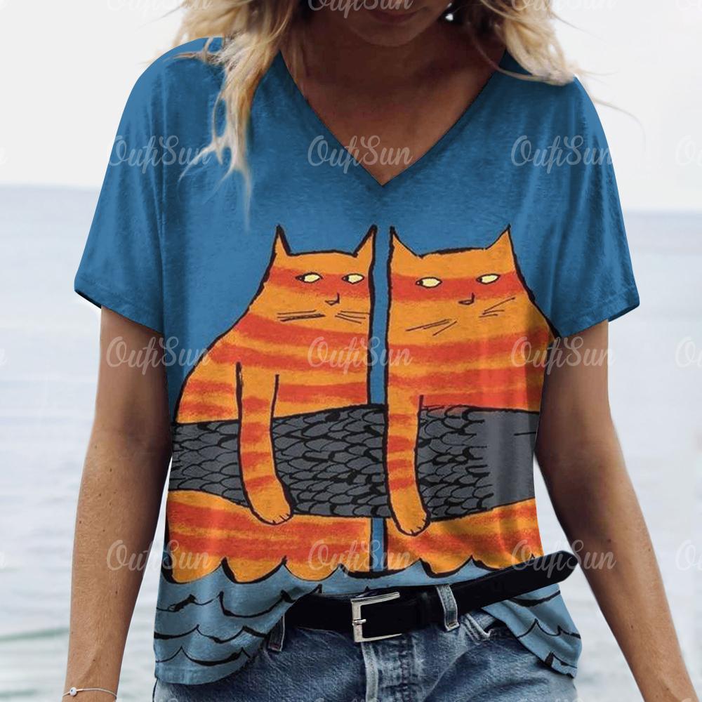 Tricou de vară pentru femei, cu imprimeu de pisici, tricouri 3d, cu mânecă scurtă, la modă, îmbrăcăminte de stradă, pulover cu gât turnu, îmbrăcăminte supradimensionată pentru femei