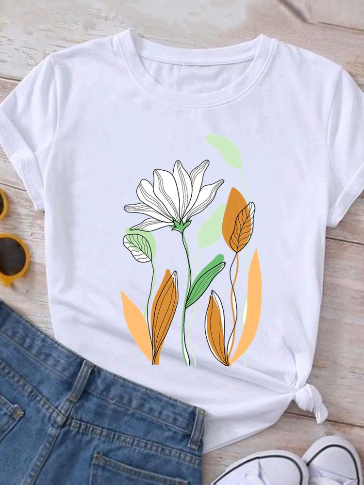(Tamanho asiático) T-shirt casual de tendência de flor aquarela com gola o Roupa Top Manga Curta Camiseta Estampa da Moda Senhora Feminina Mulheres Camisetas Gráficas