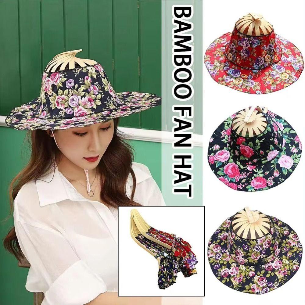 Floral Printed Folding Fan Hat Foldable Bamboo Sunscreen Cap Fan Sun Hats for Travel
