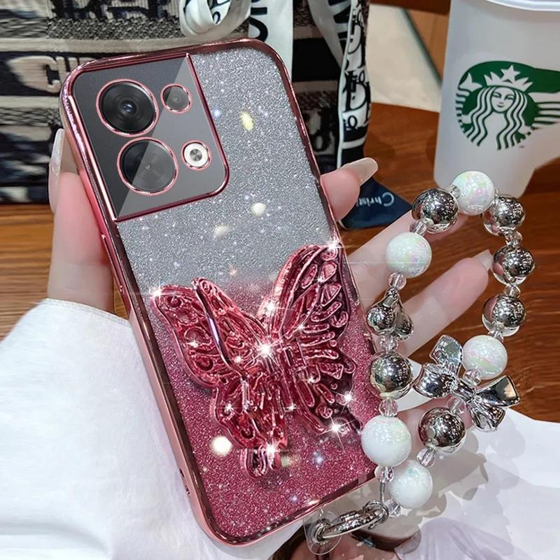 3D Vlinder Telefoonhouder Kralenarmband Glanzende Plating Hoesje voor OPPO Reno 8 7 Pro Plus 4G 5G Achterkant