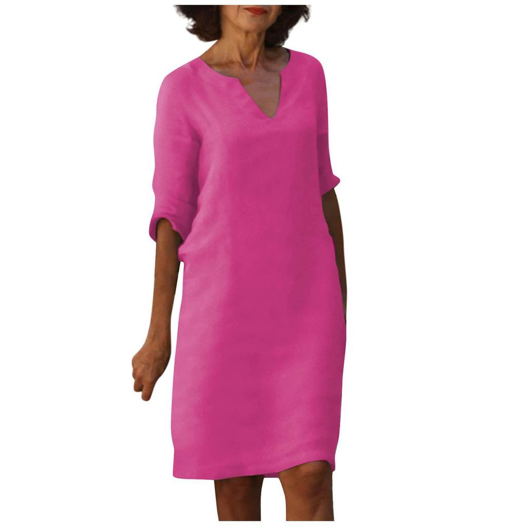 Women's Summer Dress V-Neck Short Sleeve High Waist Sundress Loose Solid Color Beach Dress
