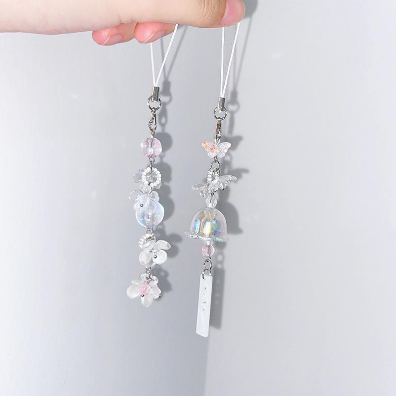Y2K Sweet Flower Beaded Wind Chime Pendant Cute Phone Charm Strap Keychain Woman Bag Charm Decoration Gifts