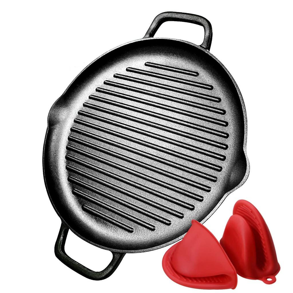 Vorgewürzte Gusseisen-Grillplatte - 12 Zoll Runde Grillpfanne mit doppelten Griffen für BBQ und Herdplatten zum Grillen von Steaks und Fleisch