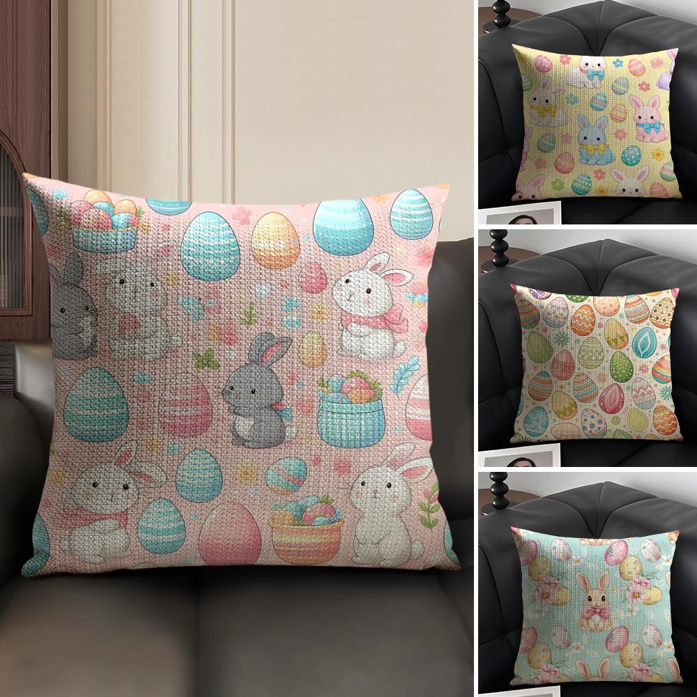 Cute Easter Bunny Cushion Cover Natural Linen Organic Fabric Double-Sided Printing Breathable Perfect Gift For Decor