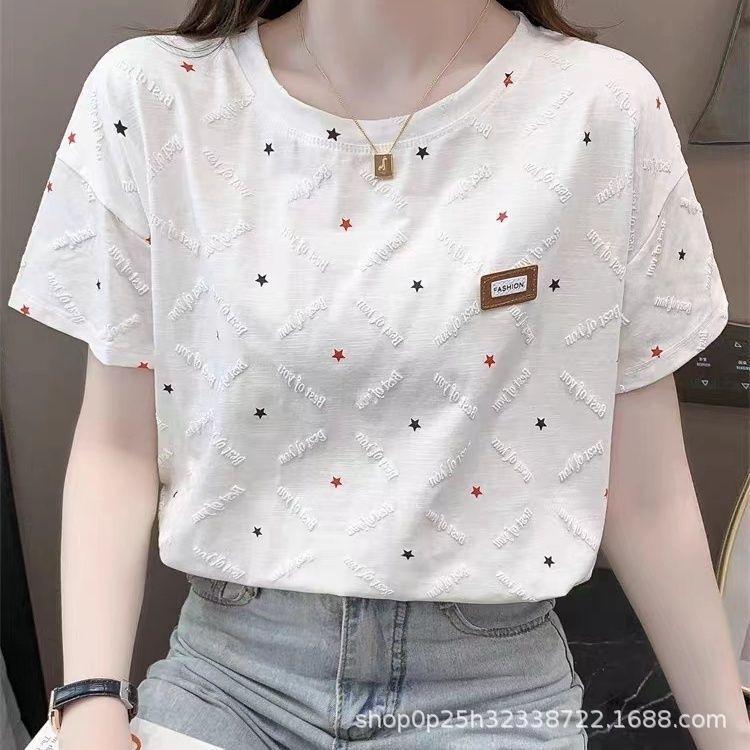 Moda verão manga curta estrela estampada mulheres algodão camiseta blusa top