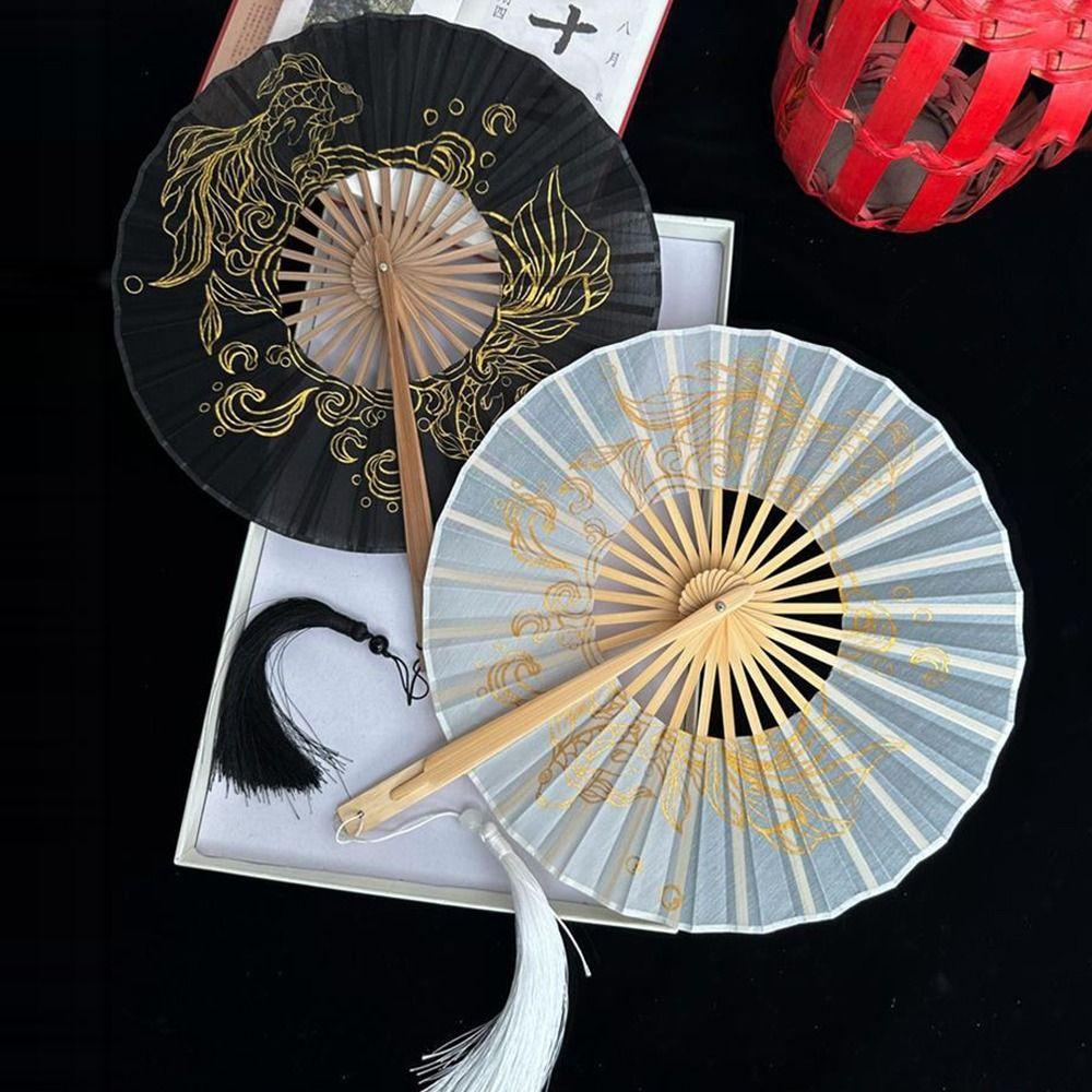 Vintage Handmade Round Bamboo Fan Tassel Portable Collapsible Hand Fan Handheld Lightweight Dance Fan Women
