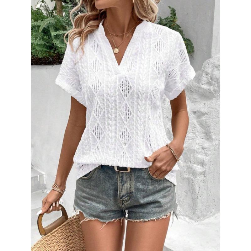 Summer Women's Casual Hollow Jacquard V Collar Loose Short Sleeve Shirt