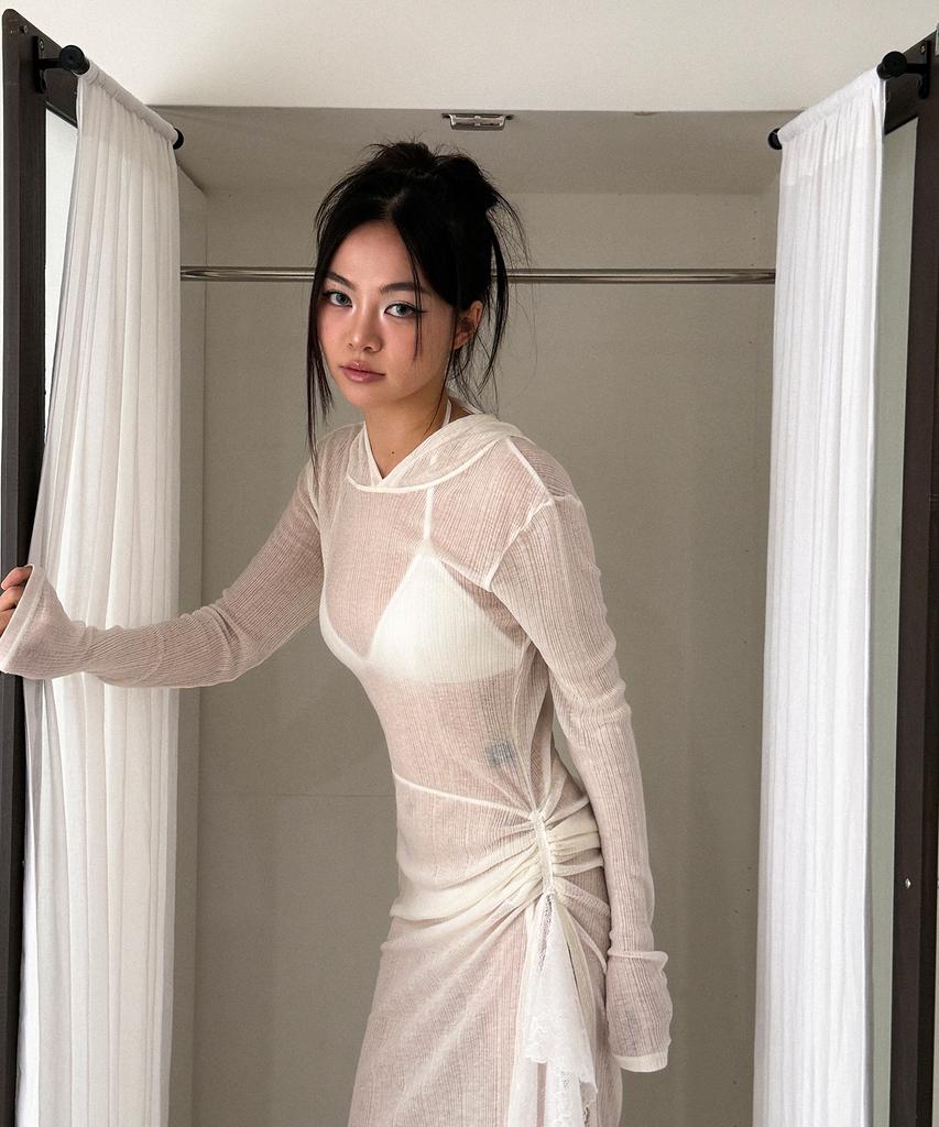 Binaj Lace Shirring Mix Hooded See-Through Dress (White)