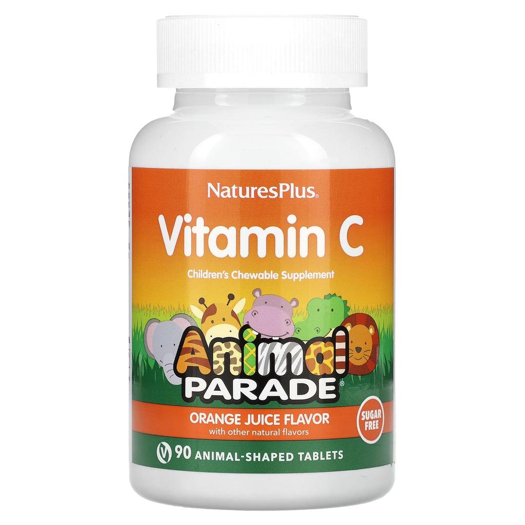 NaturesPlus, Animal Parade, tuggbart C-vitamintillskott för barn, apelsinjuice-smak, sockerfritt, 90 djurformade tabletter