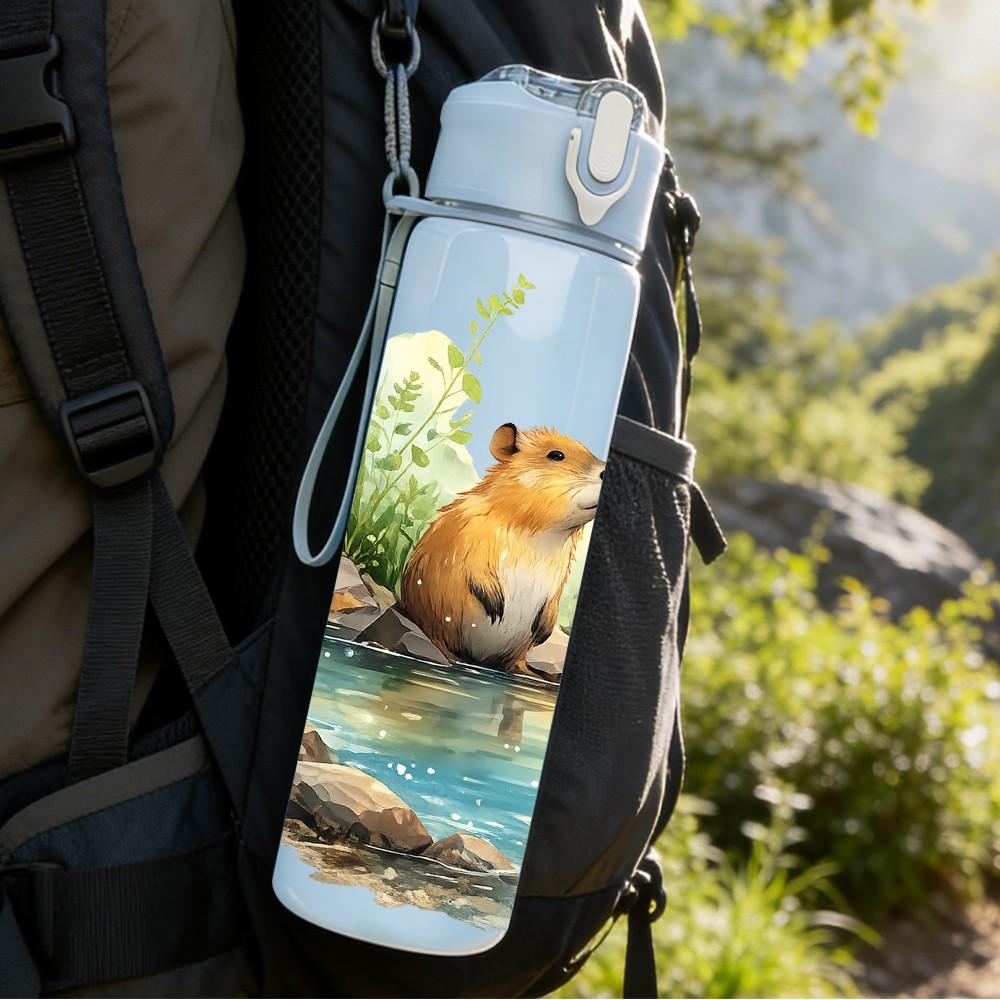 1PC Beaver River Water Scene Print 750ml Color Plastic Sports Water Bottle Leakproof Flip Straw Lid Suitable for Sports Office Home Use