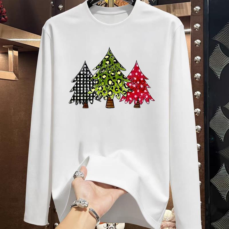 (Asian Size) watercolor tree Christmas new year Graphic Tee Print T Shirt Women autumn winter Casual Fashion Top Clothing Long Sleeve T-shirts