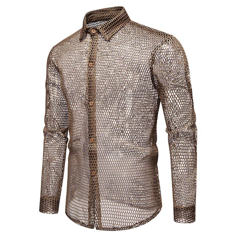 New Fashion Hollowed Out Design Men's Long Sleeve Shirt Personality Performance Shirts Male Nightclub Dance Perspective Shirt