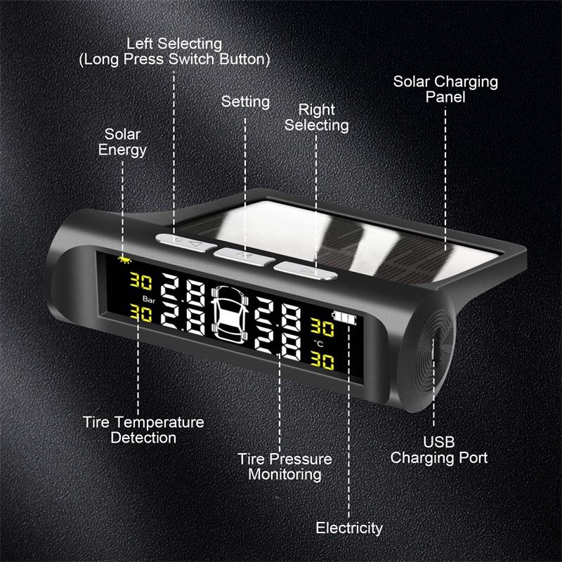 4 Sensors Car Tpms Tyre Pressure Monitoring System Solar Powered Digital Lcd Display Auto Security Alarm Tester Automotive Test