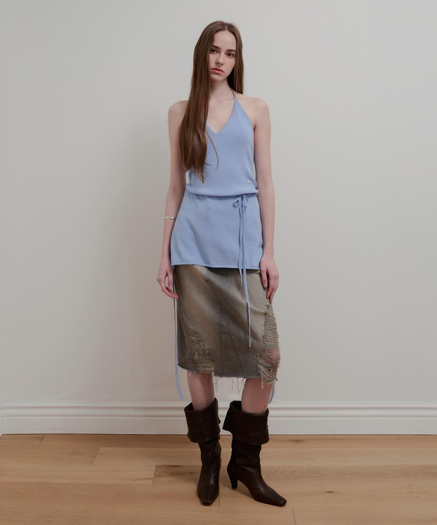 Aobteu Vintage Washed Denim Skirt - Gray
