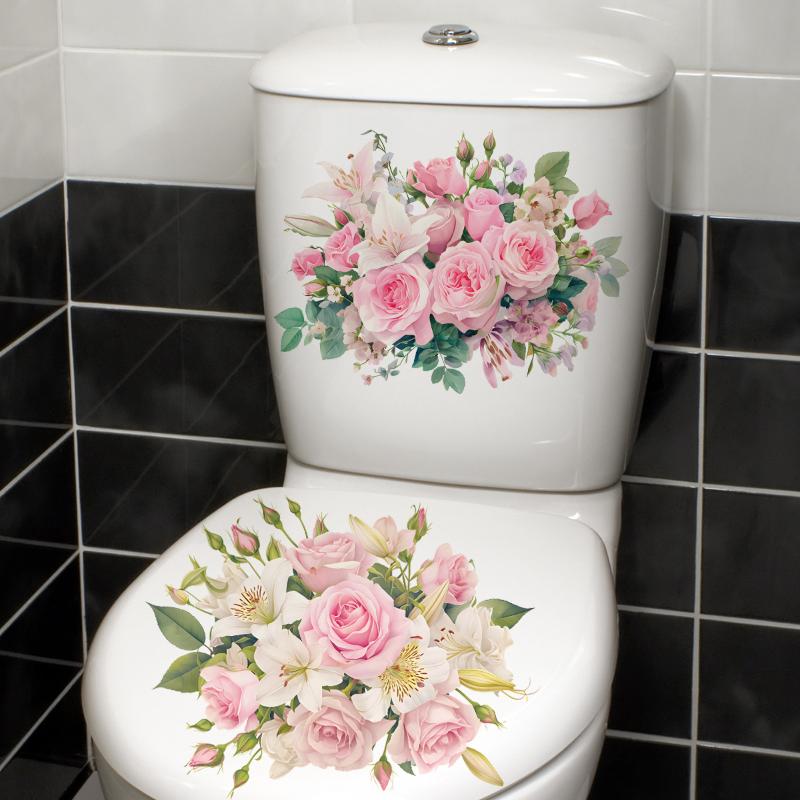 Flower Pattern Toilet Stickers Bathroom Decoration Stickers Decor Self-adhesive Wallpaper Removable PVC Waterproof Sticker