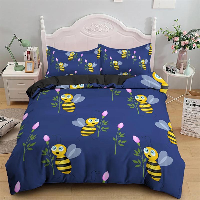 Housse de couette Abeille Cartoon Joli Thème Animaux Volants Jaunes pour Enfants Garçons Filles Cadeaux Femmes Belles Fleurs Décoration de Chambre